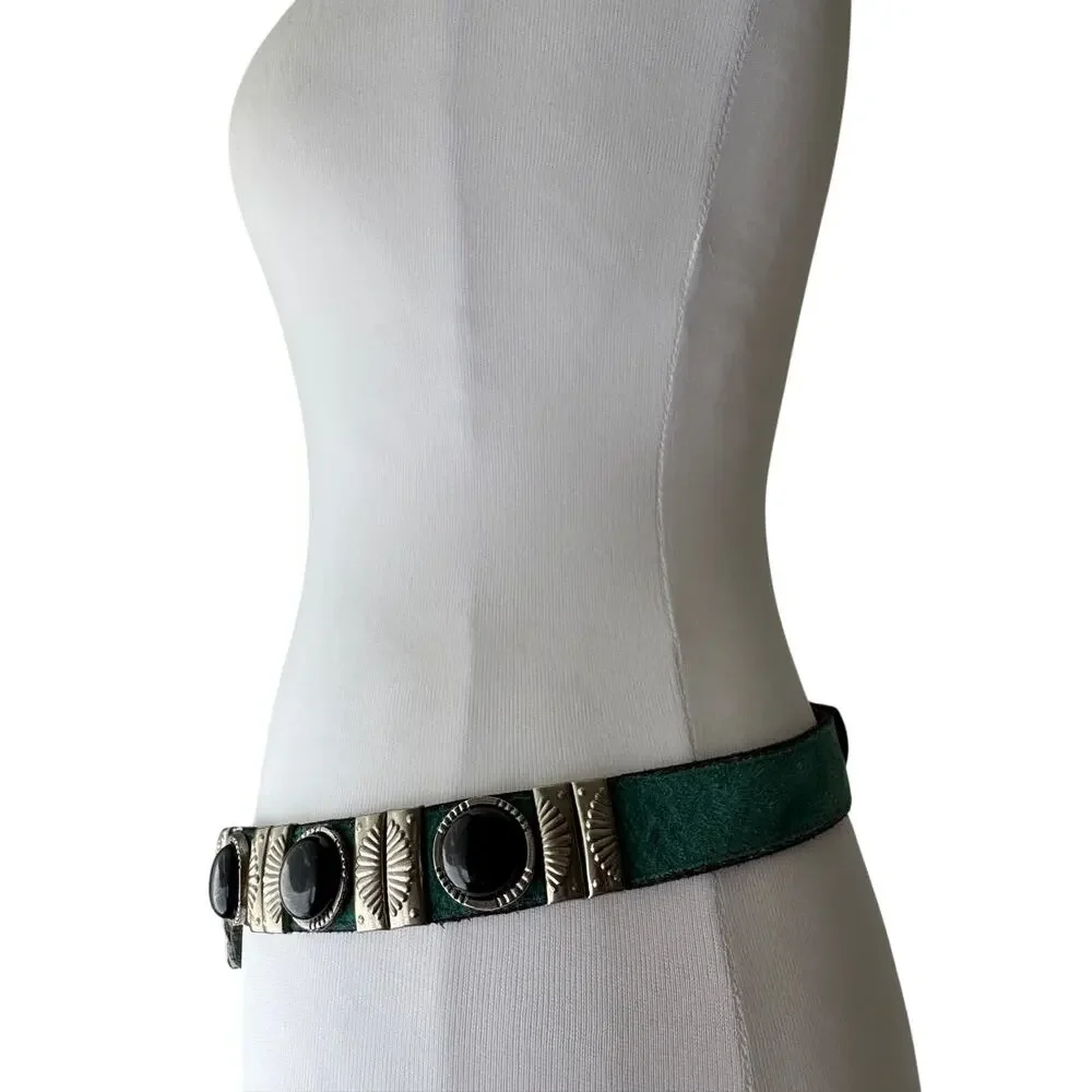 Vintage ‘90s Leatherock Green Leather Belt w/ Black Stone & Silver Detail